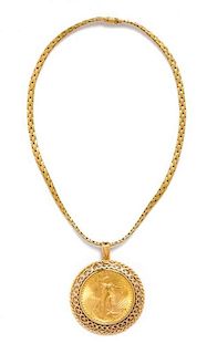 * An 14 Karat Yellow Gold and US $20 St. Gaudens Gold Coin Pendant, 41.90 dwts.