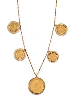 A Yellow Gold Necklace with Five Attached Coin Pendants, 67.00 dwts.