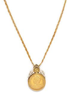 * An 18 Karat Yellow Gold, Cultured Pearl, Diamond, and Hawaiian Statehood Coin Pendant, 41.10 dwts.