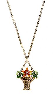 A Vintage 14 Karat Yellow Gold, Carved Crystal, Diamond and Polychrome Enamel Flower Basket Lavalier Necklace, 5.30 dwts.