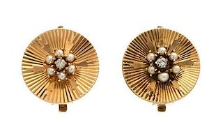 A Pair of Retro 14 Karat Yellow Gold, Seed Pearl and Diamond Earclips, Tiffany & Co., 4.90 dwts.