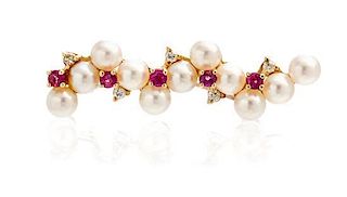A 14 Karat Yellow Gold, Cultured Pearl, Ruby and Diamond Wave Brooch, Tiffany & Co., 4.40 dwts.