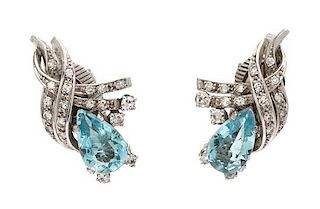 A Pair of Vintage 14 Karat White Gold, Aquamarine and Diamond Earclips, 6.60 dwts.