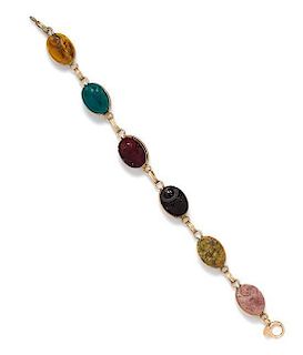 A Gold Tone and Multi Hardstone Scarab Bracelet, Ronci, 14.40 dwts.
