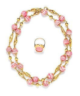 * A Collection of 18 Karat Yellow Gold and Rhodochrosite Jewelry, 82.20 dwts.