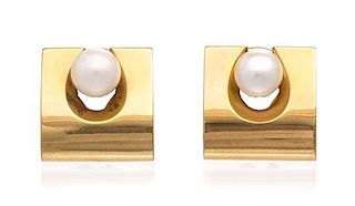 A Pair of Yellow Gold and Cultured Pearl Earclips, Linda Joslin, 8.20 dwts.
