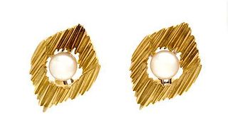 A Pair of 18 Karat Yellow Gold and Cultured Pearl Earclips, Gubelin, 9.80 dwts.