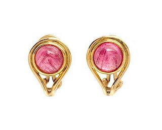 A Pair of 14 Karat Yellow Gold and Tourmaline Earclips, 3.20 dwts.