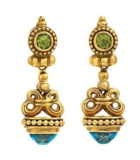 A Pair of Yellow Gold, Blue Topaz and Peridot Earrings, 14.30 dwts.