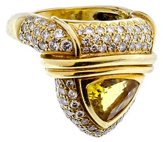 18k Gold, Yellow Tourmaline and Diamond Ring