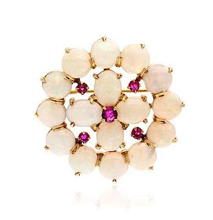 A Yellow Gold, Opal and Ruby Brooch, 5.10 dwts.