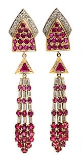 * A Pair of Gold, Ruby and Diamond Drop Earclips, 10.90 dwts.
