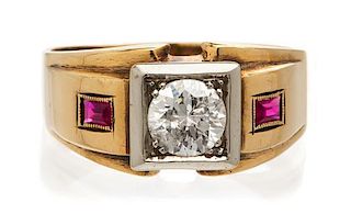 * A 14 Karat Yellow Gold, Diamond and Synthetic Ruby Ring, 4.30 dwts.