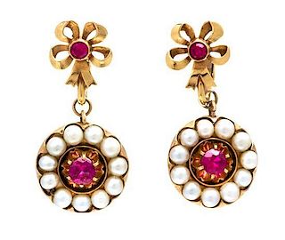 * A Pair of 14 Karat Yellow Gold, Synthetic Ruby and Cultured Pearl Earclips, 7.00 dwts.