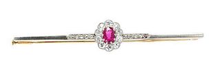 An Antique Platinum Topped Yellow Gold, Ruby and Diamond Bar Brooch, 3.40 dwts.