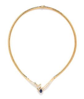 A 14 Karat Yellow Gold, Sapphire and Diamond Omega Necklace, 15.80 dwts.