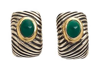 A Pair of Sterling Silver, 14 Karat Yellow Gold and Dyed Green Chalcedony Earclips, David Yurman, 12.10 dwts.