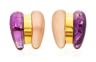 * A Pair of 18 Karat Yellow Gold, Amethyst and Rock Crystal Earclips, Winc Creations, 12.45 dwts.