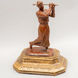 Anónimo Mujer golfista Años 20 Fundición en bronce Con base de madera dorada 24 x 13 x 8 cm