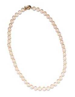 * A Single Strand Cultured Pearl Necklace with 18 Karat Yellow Gold and Diamond Clasp,