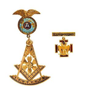 A Collection of Yellow Gold and Polychrome Enamel Masonic and Scottish Rite Badges, 21.50 dwts.