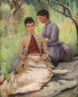 Bertha Newcombe (British, 1857-1947) En Plein Air Portrait of Two Women. Signed and dated "Bertha Newcomb.../Aug 1897" l.r. Oil on pane