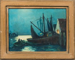 Tod Lindenmuth (American, 1885-1976) Shrimp Boats on Matanzas River, FLA. Signed "TOD LINDENMUTH" l.l., titled on the reverse. Oil on b