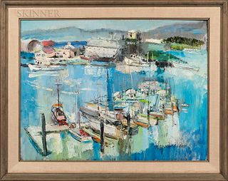 John Cunningham (Scottish, 1926-1998) Harbor Scene. Signed "J. Cunningham" l.r. Oil on board, 30 x 40 in., framed. Condition: Minor sur