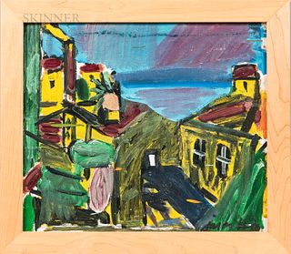 Jason Berger (American, 1924-2010) Landscape with Yellow Buildings. Signed "jason berger" l.r. Oil on board, 15 x 17 1/2 in., framed. C