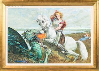 Arthur Polansky (American, b. 1929) Saint George Slaying the Dragon. Signed "Polonsky" l.l. Oil on canvas, 24 x 36 in., framed. Conditi