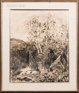 Walt Kuhn (American, 1877-1949) Landscape en Grisaille. Signed and dated "Walt Kuhn/1935" in ink l.l. Ink and wash on paper, sight size