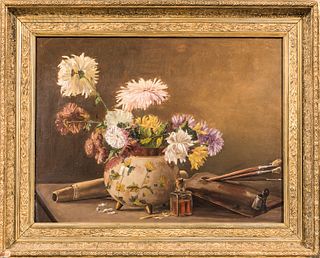 American School, 20th Century Still Life with Flowers and Palette. Unsigned. Oil on board, 18 1/2 x 24 in., framed. Condition: Convex b