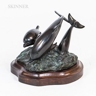Katherine Johnstone (American, 1922-1999) Bronze Statue of Dolphins. Inscribed with initials and dated "19KJ76," ht. 5 1/8, lg. 8, dp.