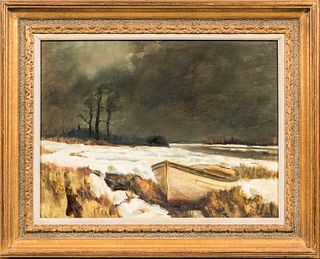 Frank Handlen (American, b. 1916) Dinghy in an Icy Marsh. Signed "Handlen" l.r. Oil on Masonite, 18 x 24 in., framed. Condition: Good.