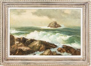 Harry Russell Ballinger (American, 1892-1993) Rocks and Waves with Oncoming Storm. Signed "H.R. Ballinger" l.r. Oil on canvas, 24 x 36