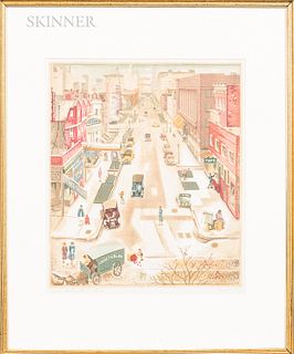 Rowena Fry (American, 1895-1990s) Two Framed Prints: North Michigan in the Twenties and Rush Street in the Twenties. Both titled in pen