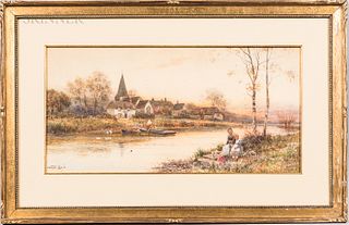 Walter Stuart Lloyd (British, 1845-1959) Village Sunset. Signed "Stuart Lloyd" l.l. Gouache on paper/board, sight size 11 1/4 x 22 3/4