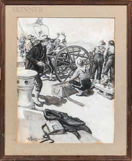 Two Illustrations En Grisaille:  Charles David Williams (American, 1875-1954), Firing the Shipboard Gatling Gun a...