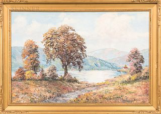 European School, 20th Century Fall Landscape with Lake. Signed "Erlin" l.r. Oil on canvas, 24 x 36 in., framed. Condition: Craquelure,
