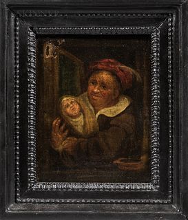Dutch School, 17th Century Style Two Small Genre Scenes: Woman with Baby at a Window and Man Lighting His Pipe in a Tavern Interior. Un