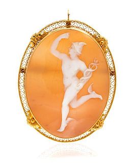 An Antique Yellow Gold and Shell Mercury Cameo Pendant/Brooch, 6.30 dwts.