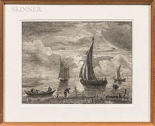 Pierre Jacques Duret (French, 1729-c. 1795), After Aert van der Neer (Dutch, 1603-1677) Fishing Vessels by the Shore. Signed "van der N