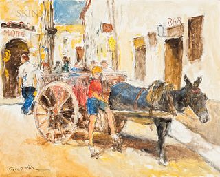Pál Fried (Hungarian/American, 1893-1976) Boy with a Donkey Cart. Signed "FRIED PAL" l.l., inscribed "XXXVI" in red marker on the stret