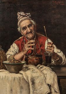 Italian School, 19th Century  After Teniers: Jovial Old Man with a Pipe.  Signed "P. Rospini" u.r., inscribed "After Tenie...