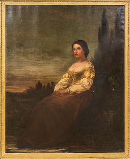 American School, 19th Century, Seated Young Peasant Woman in a Landscape with a Crescent Moon, Unsigned., Condition: Patch reinforcemen