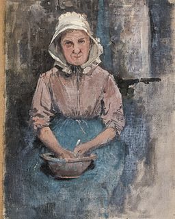 Julian Alden Weir (American, 1852-1919) Seated Woman with a Bowl. Unsigned. Oil on unstretched canvas, 15 3/4 x 12 3/4 in., unframed. C