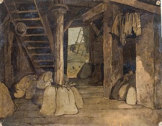 John Ferguson Weir (American, 1841-1926) Windmill Interior. Unsigned. Oil on unstretched canvas, 13 x 16 1/4 in., unframed. Condition: