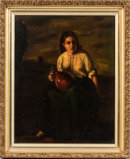 Continental School, 20th Century Peasant Girl with Jug. Signed indistinctly in l.r. quadrant. Oil on canvas, 20 x 15 3/4 in., framed. C