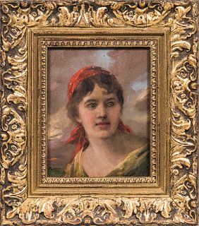European School, 19th/20th Century Girl in a Red Kerchief. Signed indistinctly l.l. Oil on board, 6 x 4 3/4 in., framed. Condition: Min