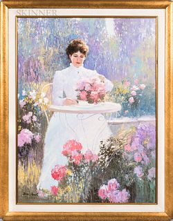 Hans Amis (An He) (Chinese/American, b. 1957) Lady Among the Blooms. Signed "Hans Amis" l.l. Oil on canvas, 40 x 30 in., framed. Condit